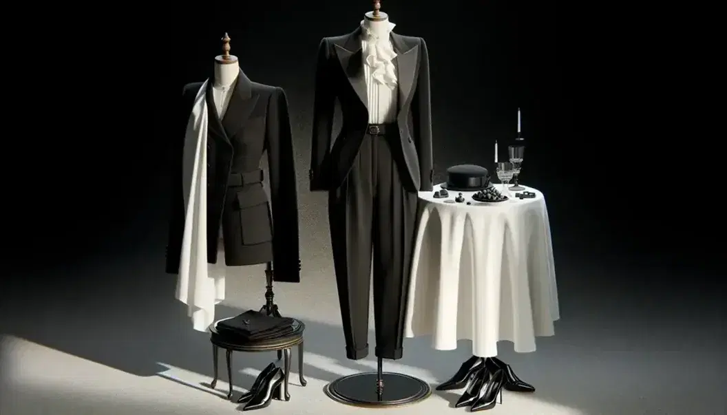 Elegant French haute couture mannequin in black blazer, white ruffled blouse, and trousers with beret, gloves, and pearls on side table.