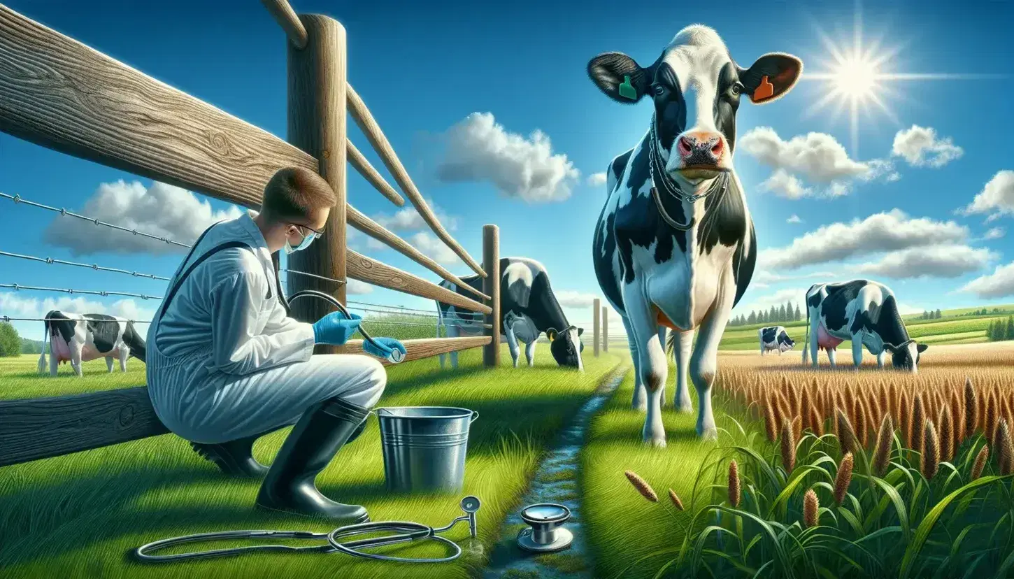 Mucca Holstein al pascolo in campo verde con veterinario che esamina un altro esemplare, cielo azzurro con nuvole e recinzione in legno.