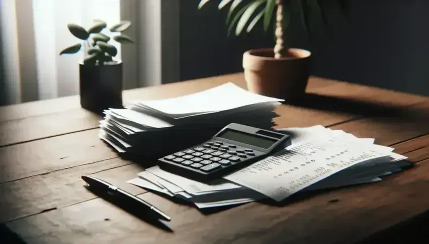Escritorio de madera oscura con calculadora electrónica, montón de recibos desordenados y bolígrafo negro, planta de interior desenfocada al fondo.