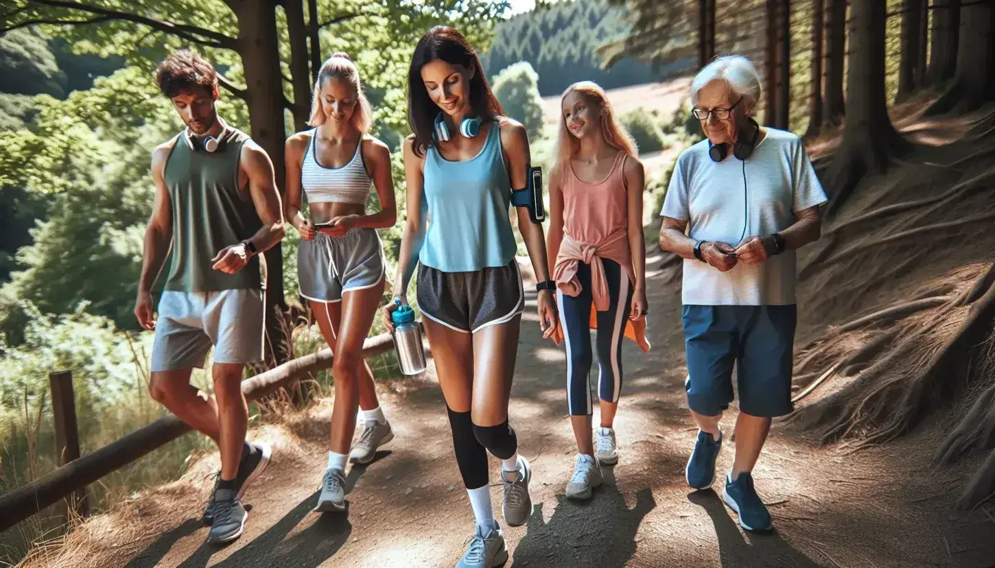 Grupo de cinco personas haciendo senderismo en un camino rodeado de árboles, con ropa deportiva y disfrutando de la naturaleza en un día soleado.