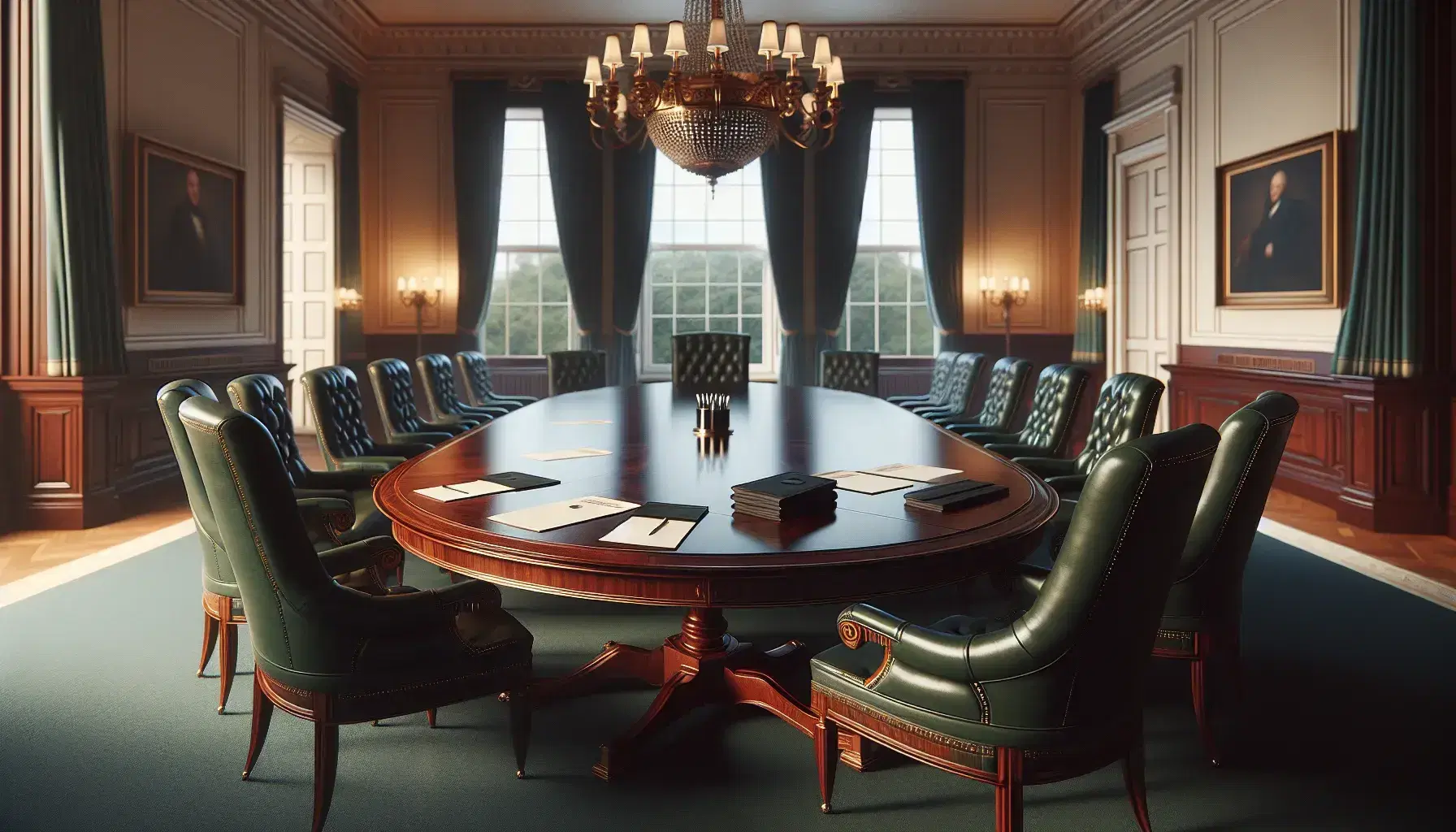 Elegant mahogany meeting table with high-backed green leather chairs, brass detailing, white paper stacks, and pens in a well-lit room with green drapes.