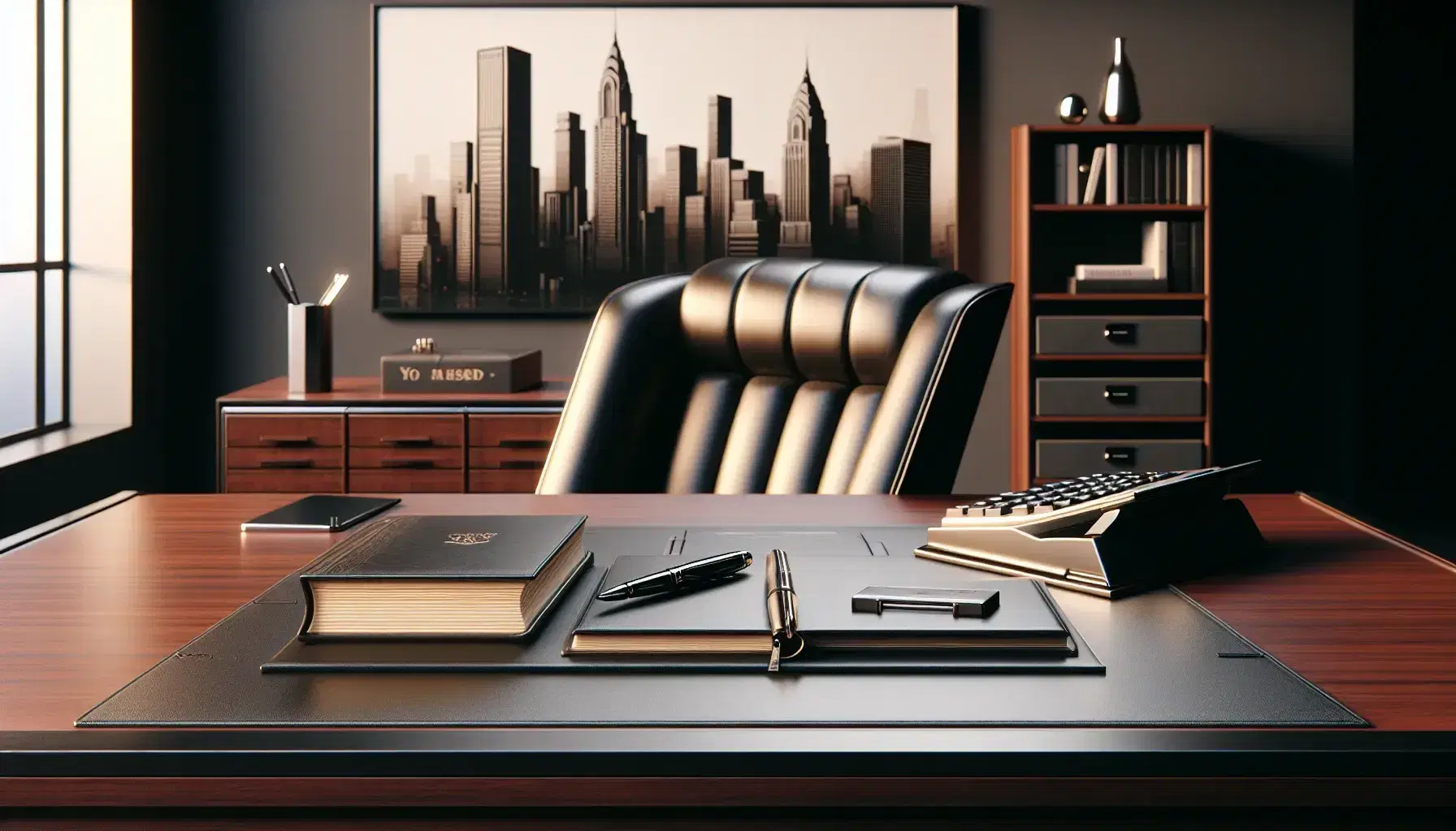 Elegant office setup with a mahogany desk featuring a leather ledger, silver calculator, and black fountain pen, behind which sits a black leather executive chair.
