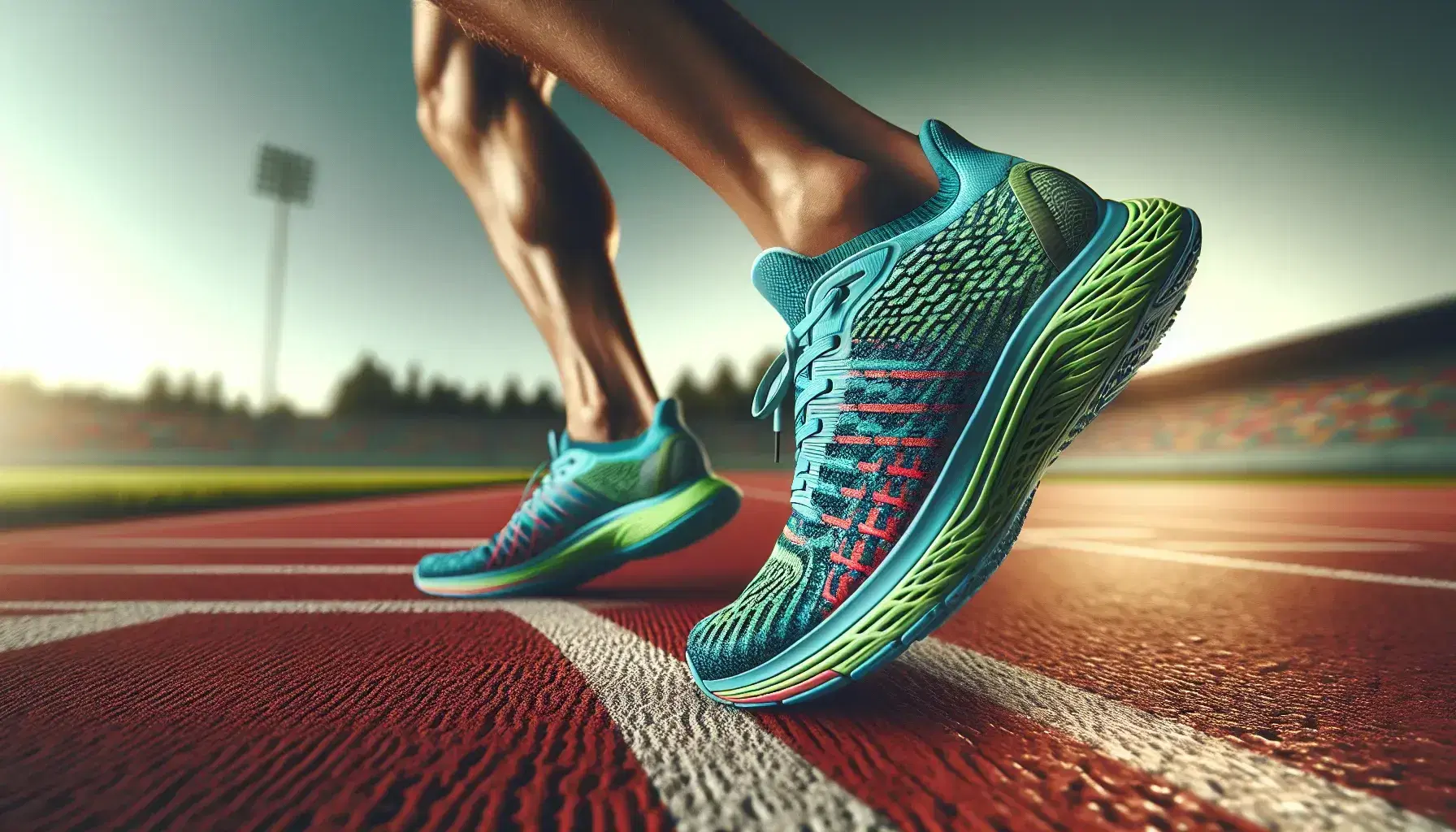 Bright blue and neon green running shoes in mid-stride on a red track with white lines, indicating dynamic motion and athletic activity on a sunny day.