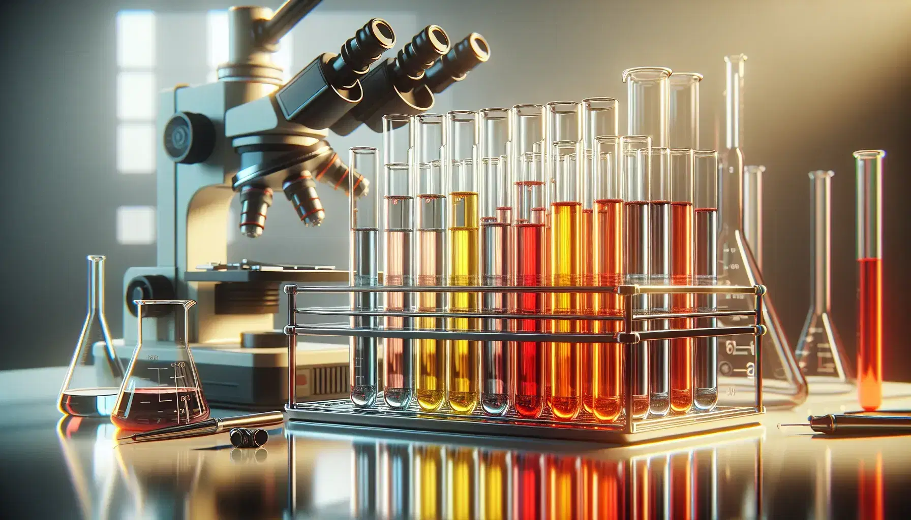 Serie di provette in vetro con liquidi colorati su rack metallico in laboratorio, con microscopio e piastra riscaldante sullo sfondo.