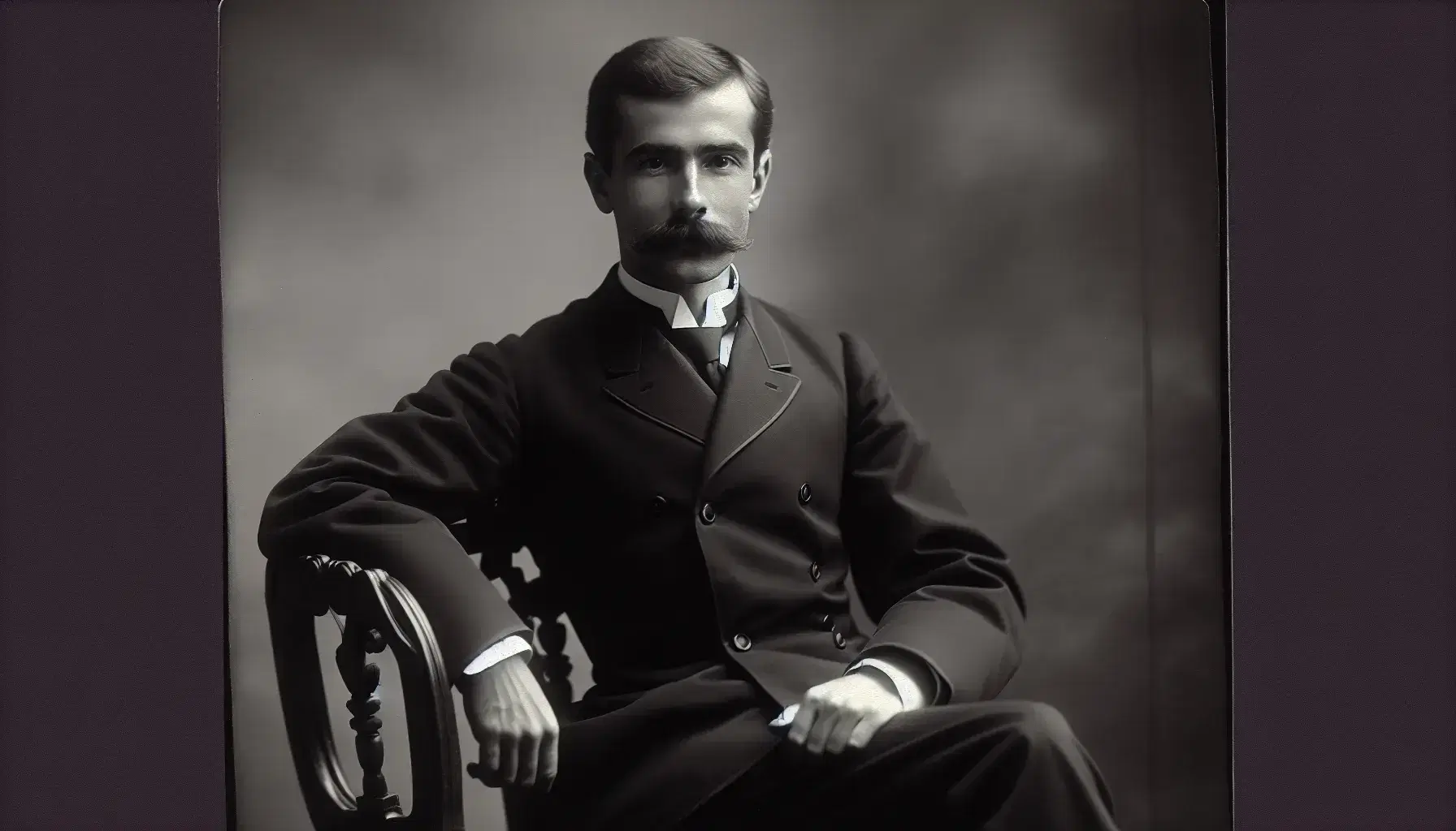 Retrato en blanco y negro de hombre con bigote prominente, vestido formalmente con traje oscuro y corbata, sentado en silla de madera tallada.