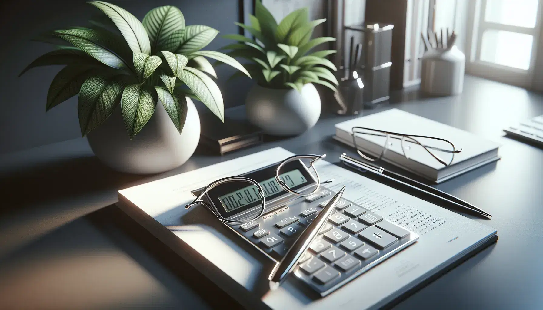 Modern calculator, silver-framed eyeglasses on financial papers, metallic pen on blank notepad, and vibrant potted plant on a wooden desk with soft lighting.