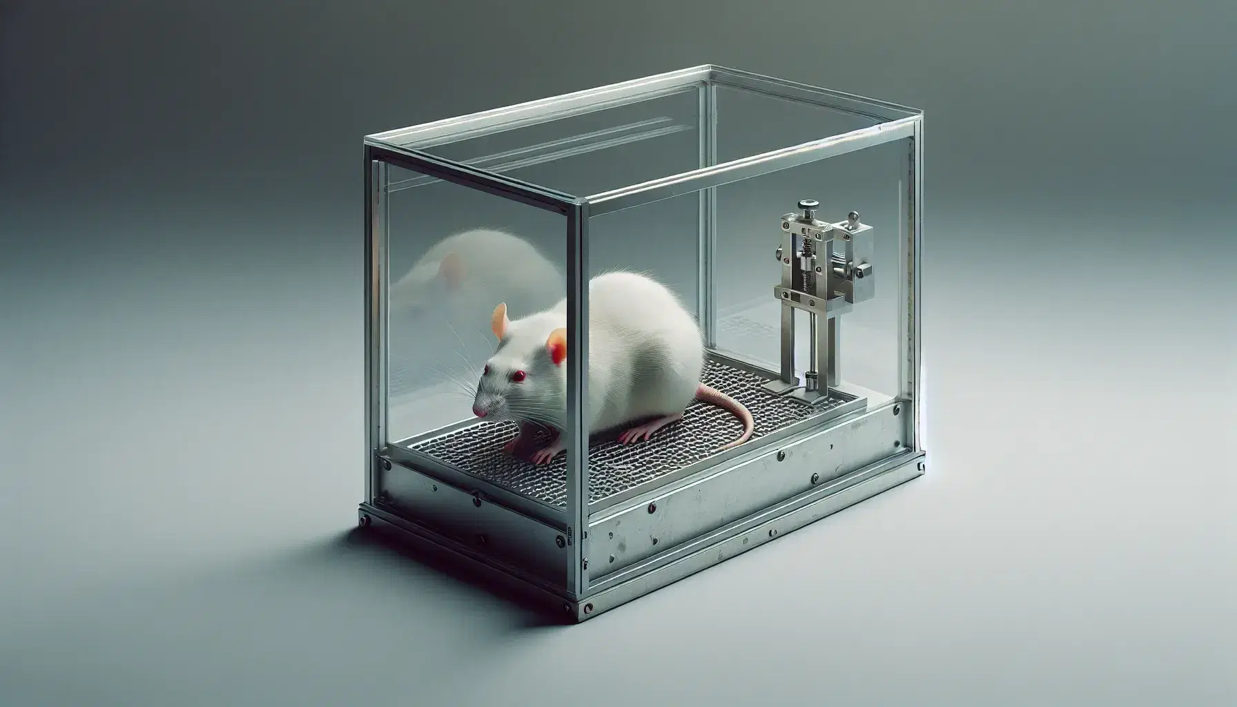 Albino rat in a glass box divided in two, with a smooth floor on one side and a grill on the other and a metal lever.