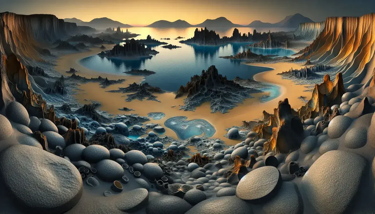 Paisaje primigenio con piscinas naturales de agua azul oscuro, rocas erosionadas, playa arenosa, océano y volcanes humeantes bajo un cielo degradado al atardecer.