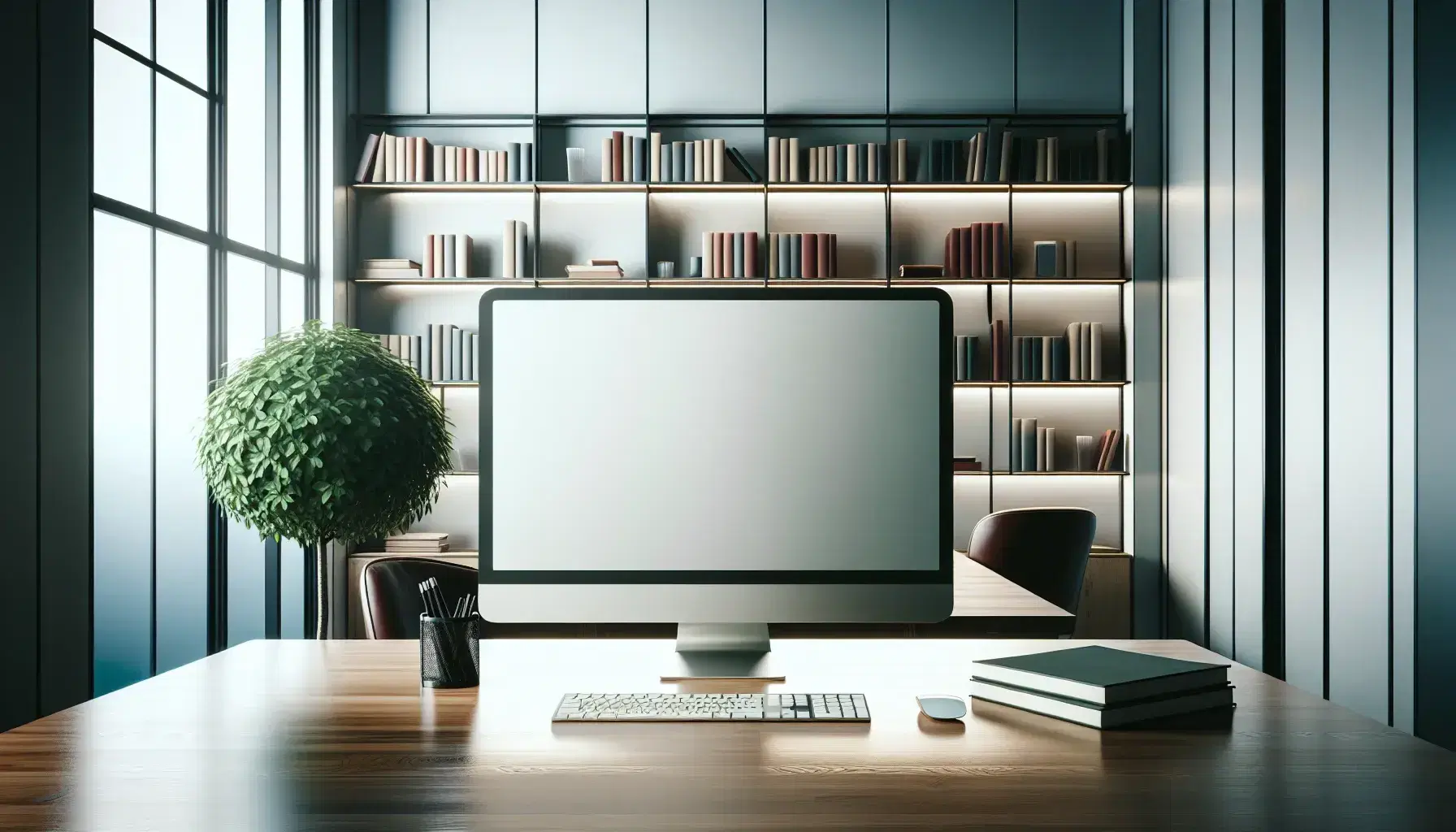 Tidy office with wooden desk, modern monitor, green plant, white board, assorted bookshelves and round table with chairs.