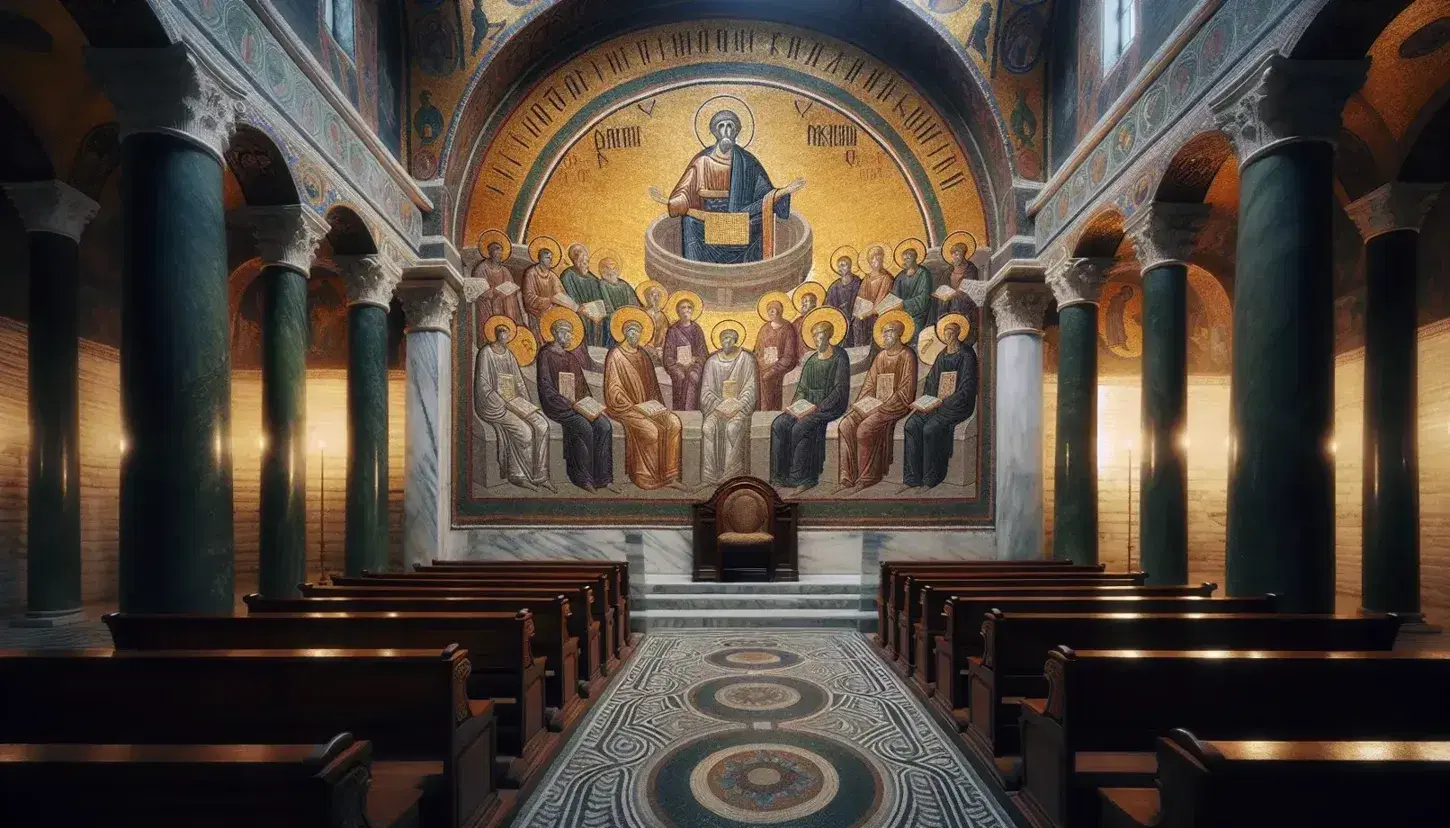 Mosaico di un concilio ecumenico nell'abside di una basilica antica, con figure sedute in semicerchio e colonne marmoree.