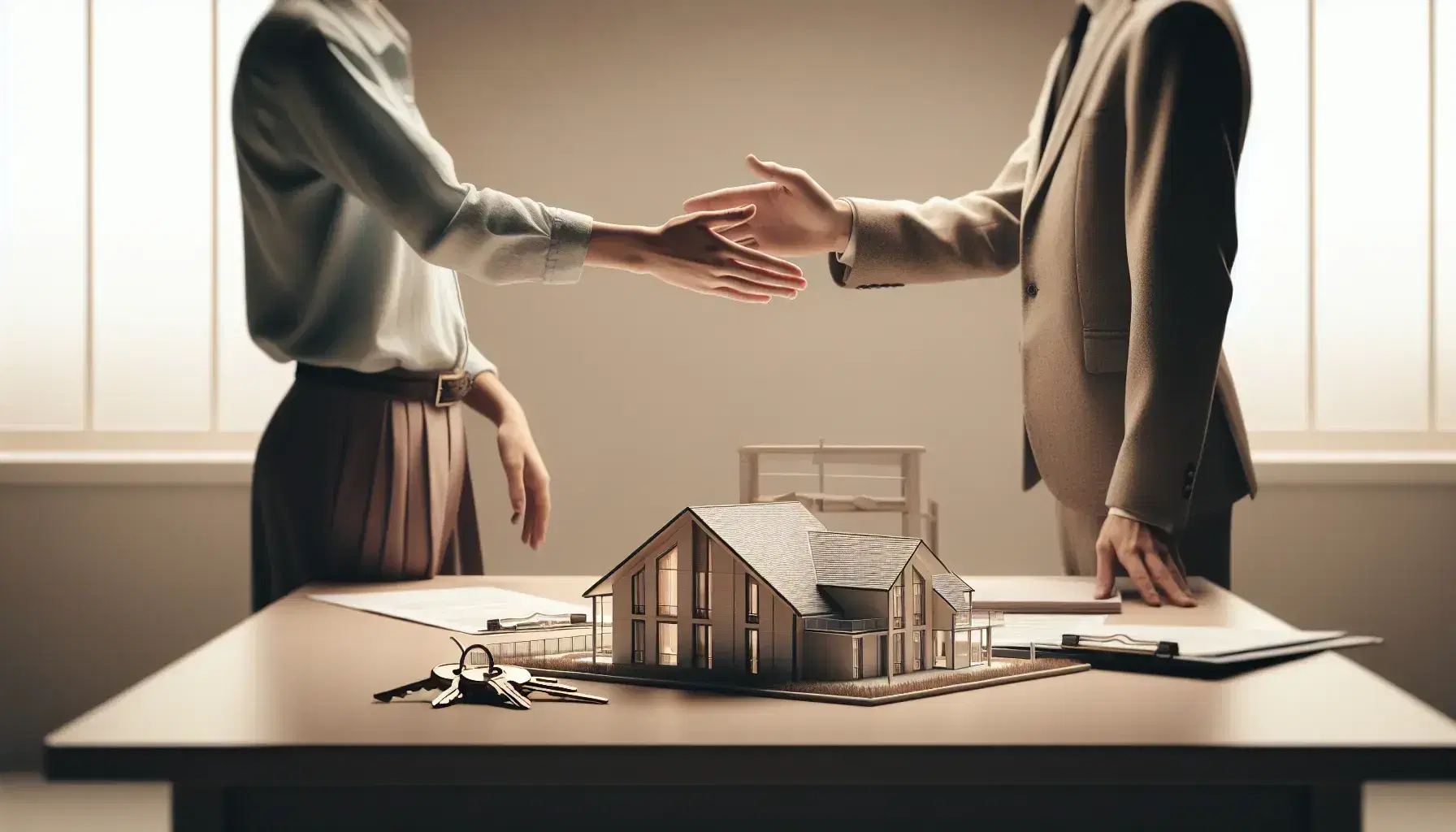 Dos profesionales realizando un apretón de manos frente a una maqueta de edificio con llaves al lado, simbolizando un acuerdo inmobiliario.