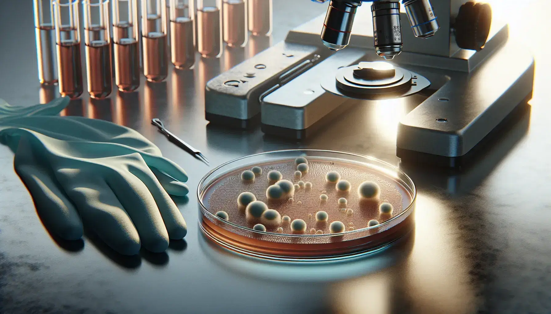 Close-up view of a petri dish with bacterial colonies on a lab table, microscope in the background, and blue latex gloves on the side.