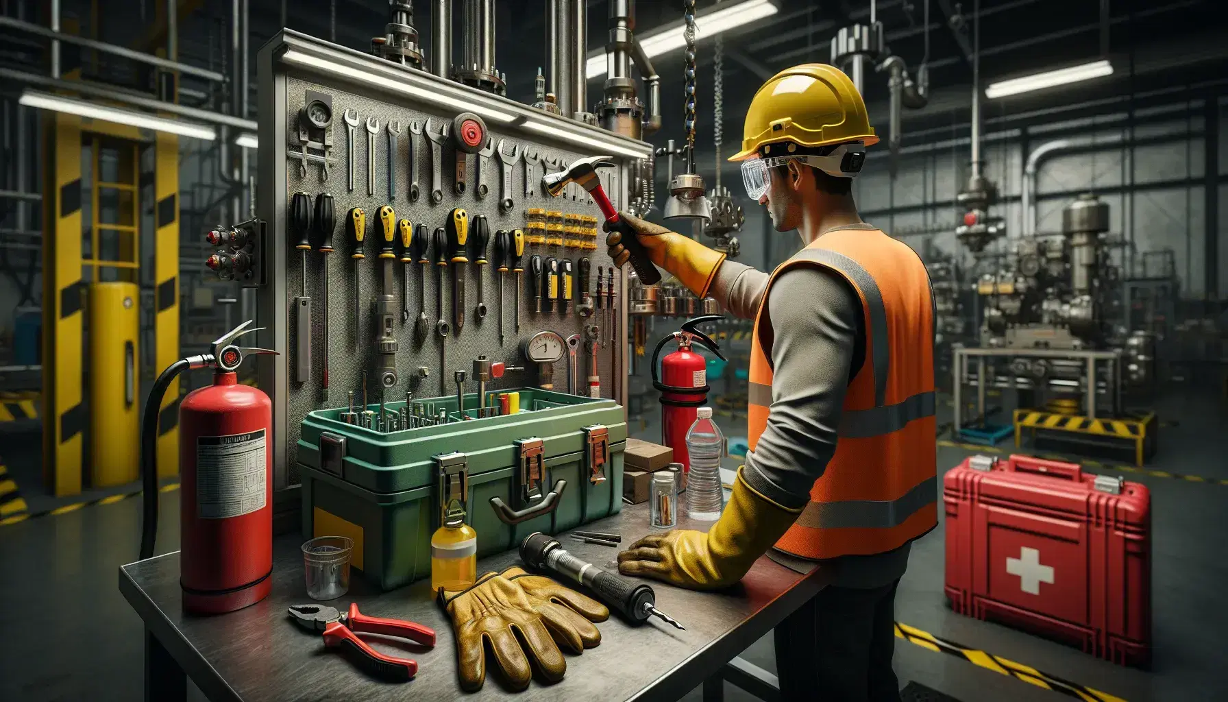 Worker in safety gear with power drill at industrial workbench, tools arranged, first aid kit and fire extinguisher on wall, marked safety pathway.