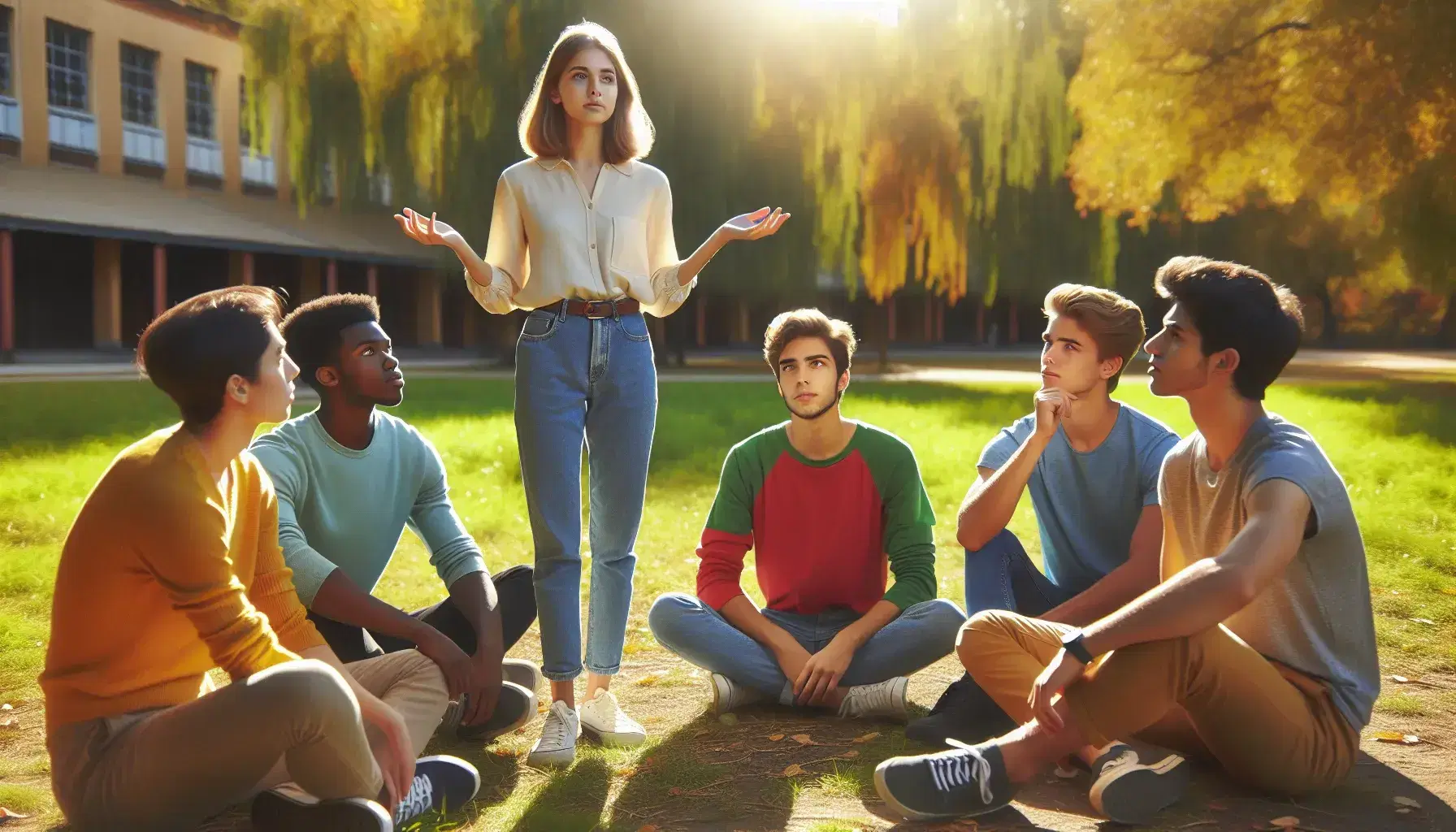 Grupo de cinco estudiantes diversos al aire libre en semicírculo con uno de pie explicando, en un entorno otoñal soleado y sin tecnología visible.