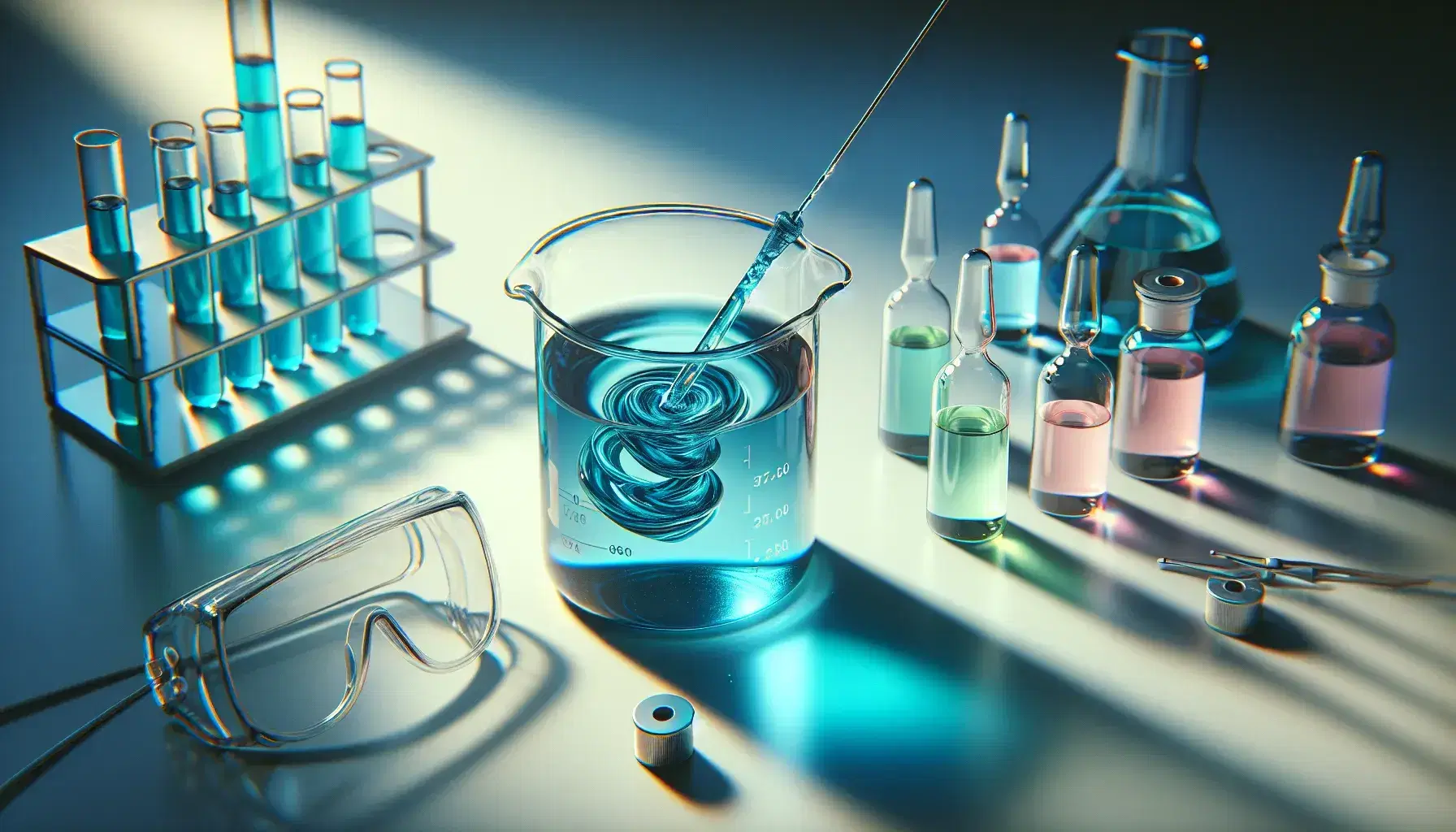 Glass beaker with blue solution and magnetic stirrer on laboratory bench, avenues with colored solutions and blue latex gloves in background.