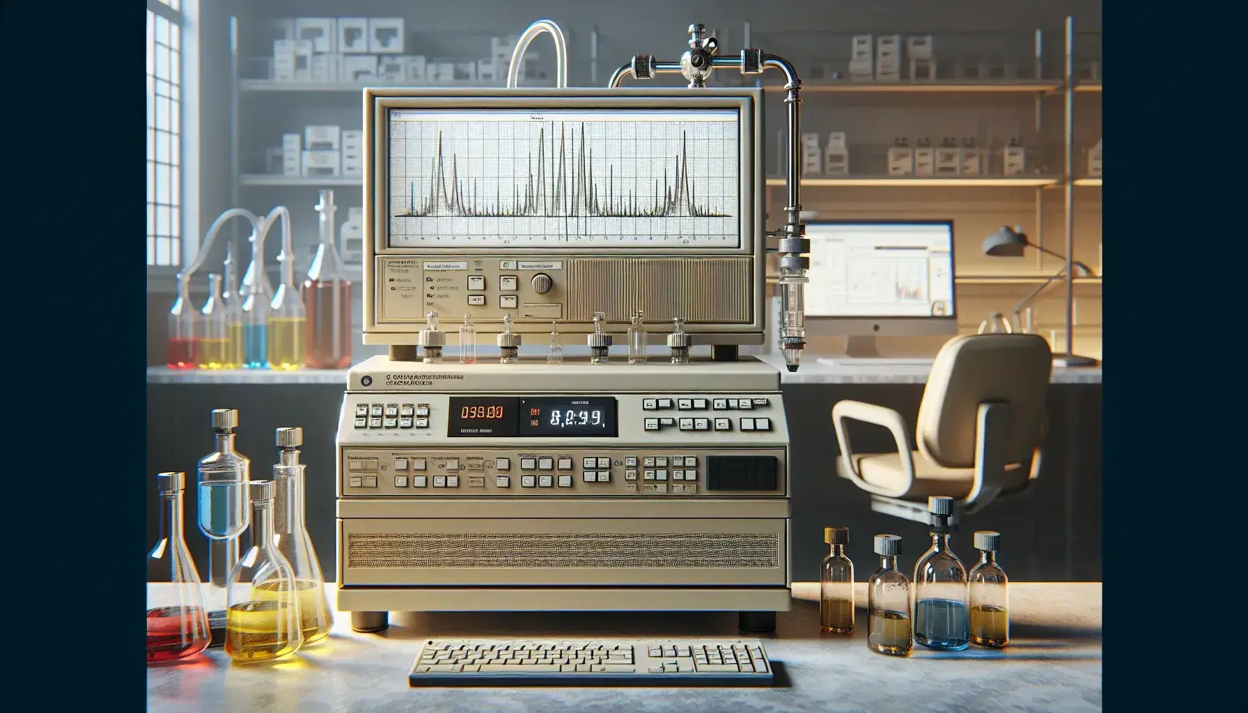 Cromatógrafo de gases en laboratorio con inyector de muestras y gráfico de cromatografía en monitor, junto a frascos de líquidos coloridos y silla de laboratorio.