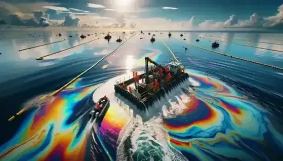 Workers in orange vests and white helmets use a machine to remove an iridescent oil slick from the ocean under a clear sky.