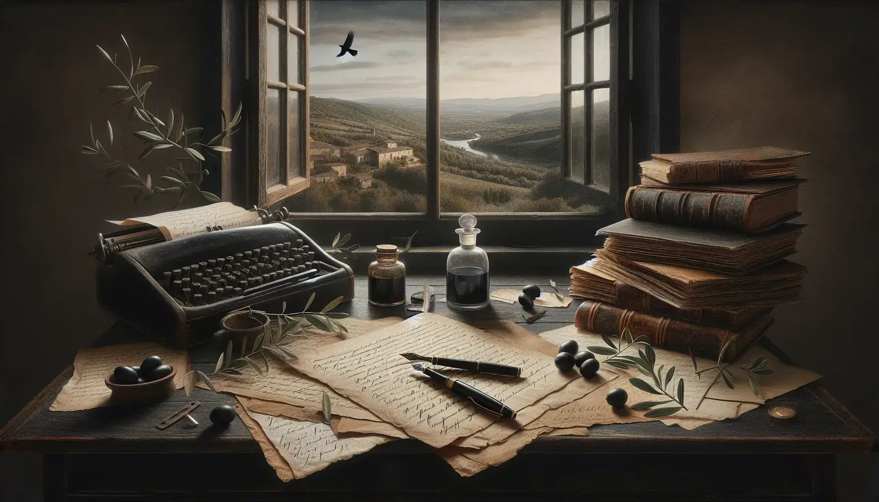 Scrivania in legno scuro con penna stilografica, inchiostro, manoscritti, libro rilegato e ramo d'olivo, davanti a finestra aperta su paesaggio collinare.