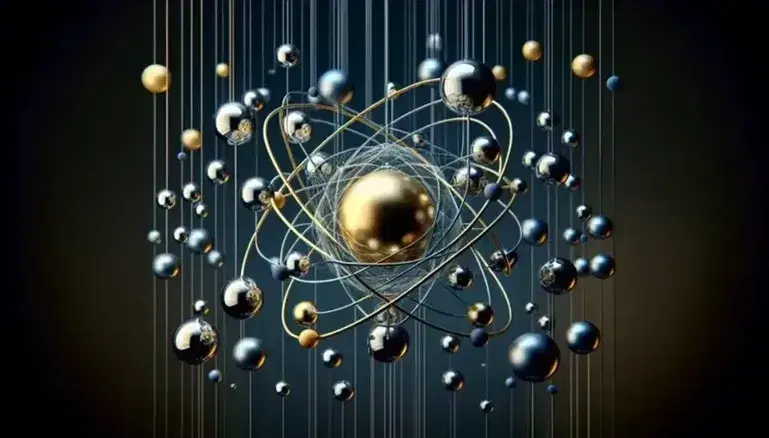 Esferas metálicas doradas y plateadas en formación de átomo con varillas transparentes sobre fondo azul oscuro, reflejando luz y creando efecto tridimensional.