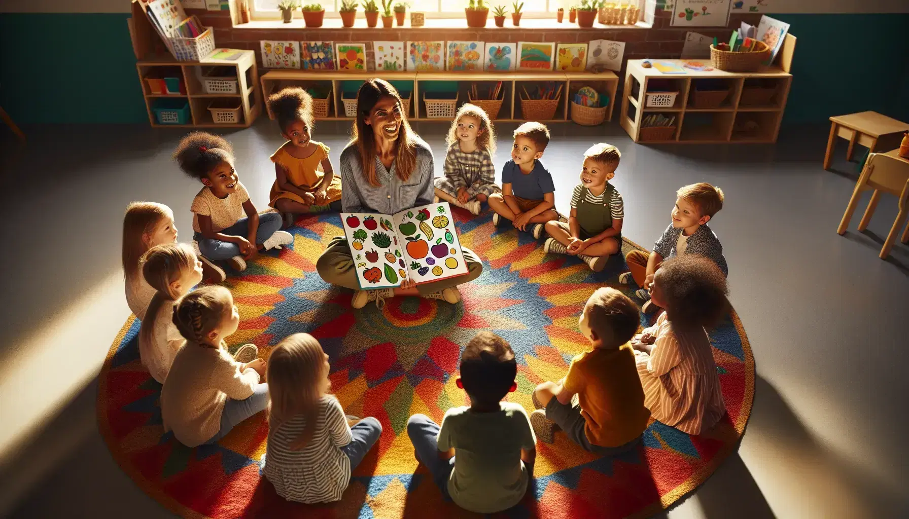 Bambini multietnici ascoltano un insegnante che mostra un libro illustrato con frutta e verdura seduti su un tappeto colorato in aula luminosa.