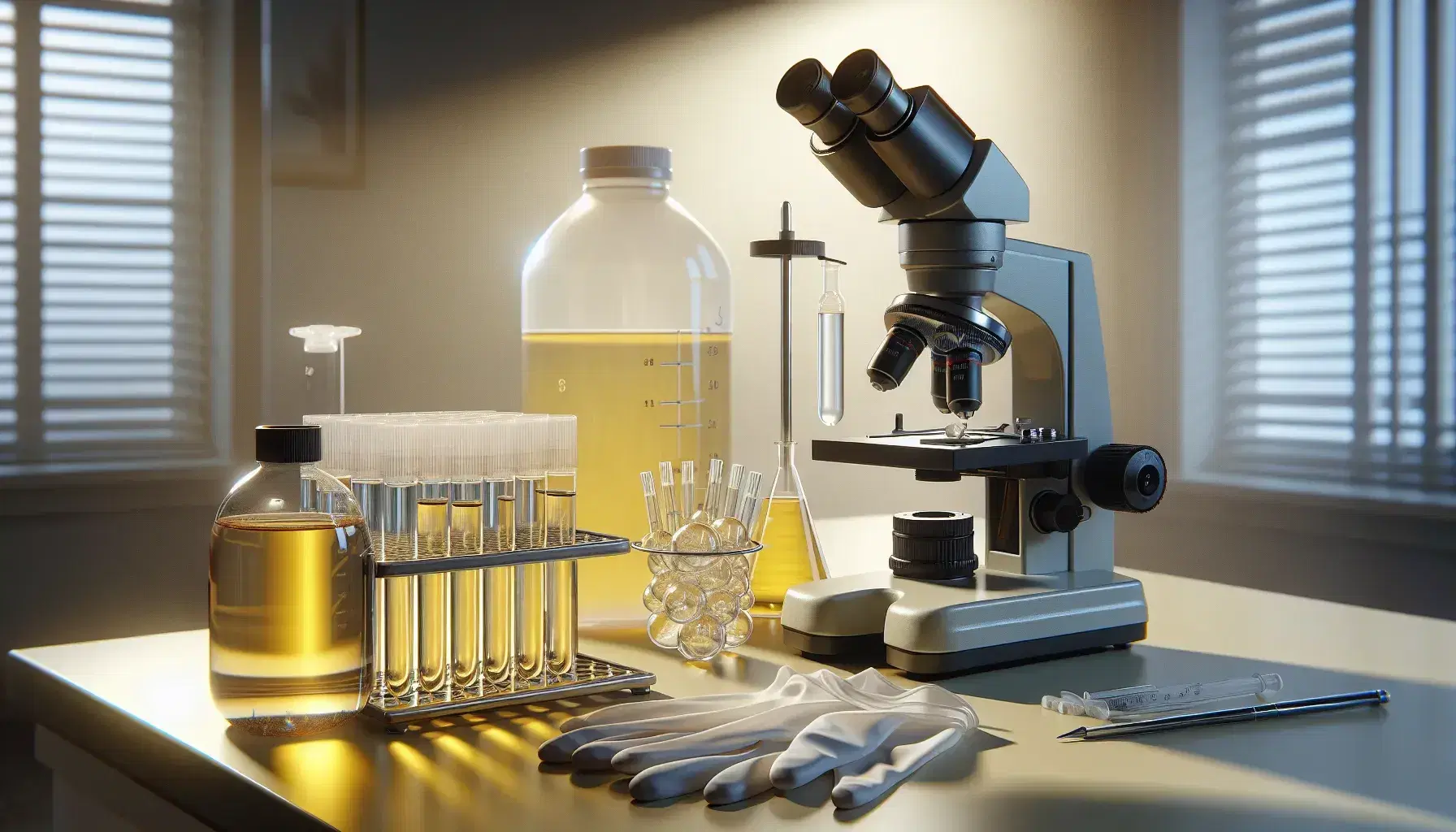 Laboratorio clínico con tubos de ensayo con orina, microscopio metálico y guantes de látex sobre mesa iluminada, sin inscripciones visibles.
