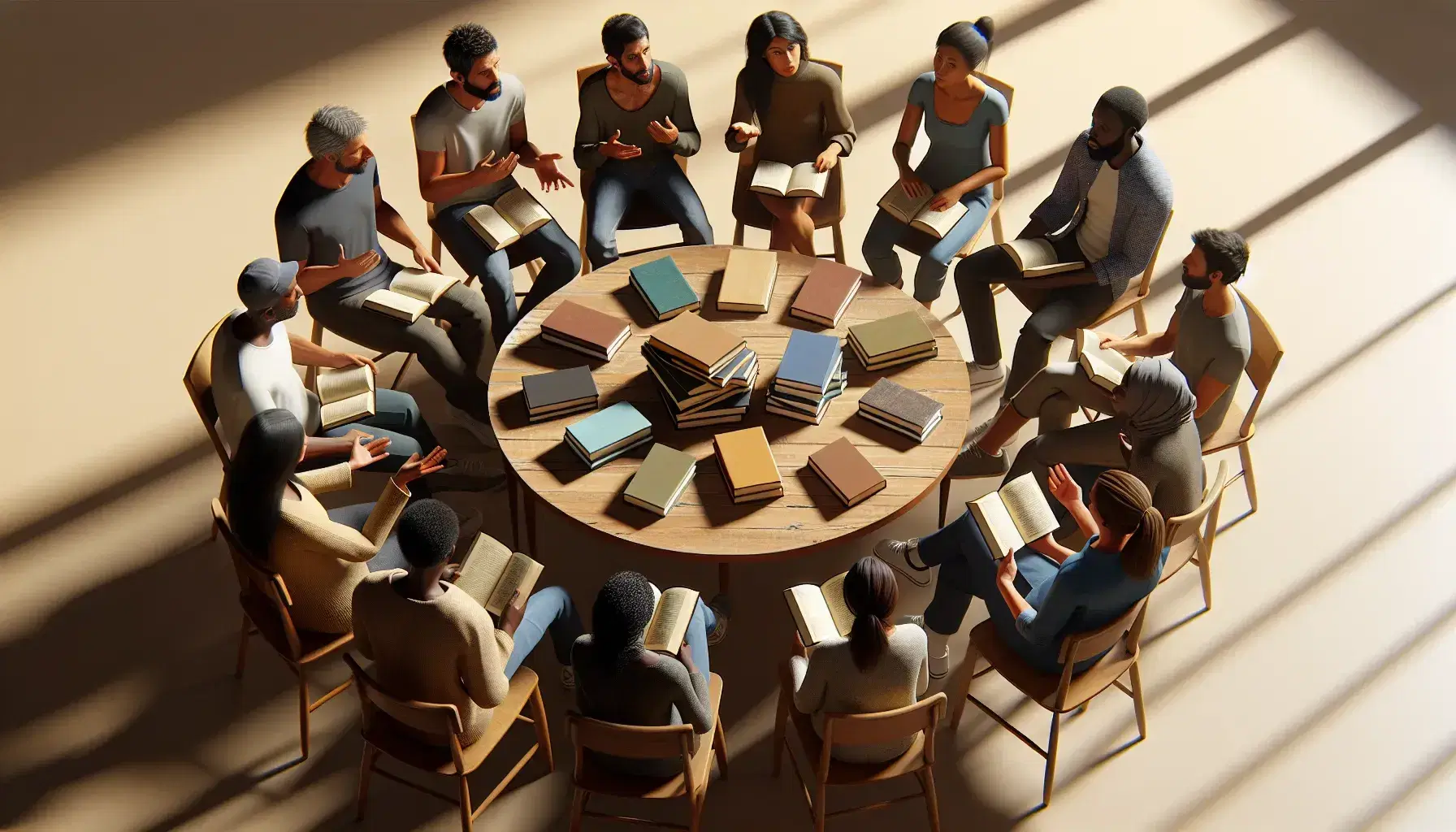 Diverse book club members in animated discussion around a table with unmarked books, highlighting engagement in a cozy, softly-lit room.