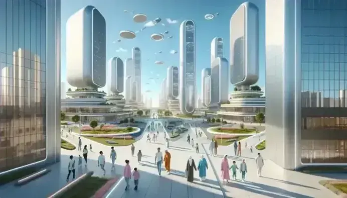 Paisaje urbano futurista con edificios modernos y áreas verdes, grupo diverso de personas paseando y vehículos aéreos en cielo despejado.