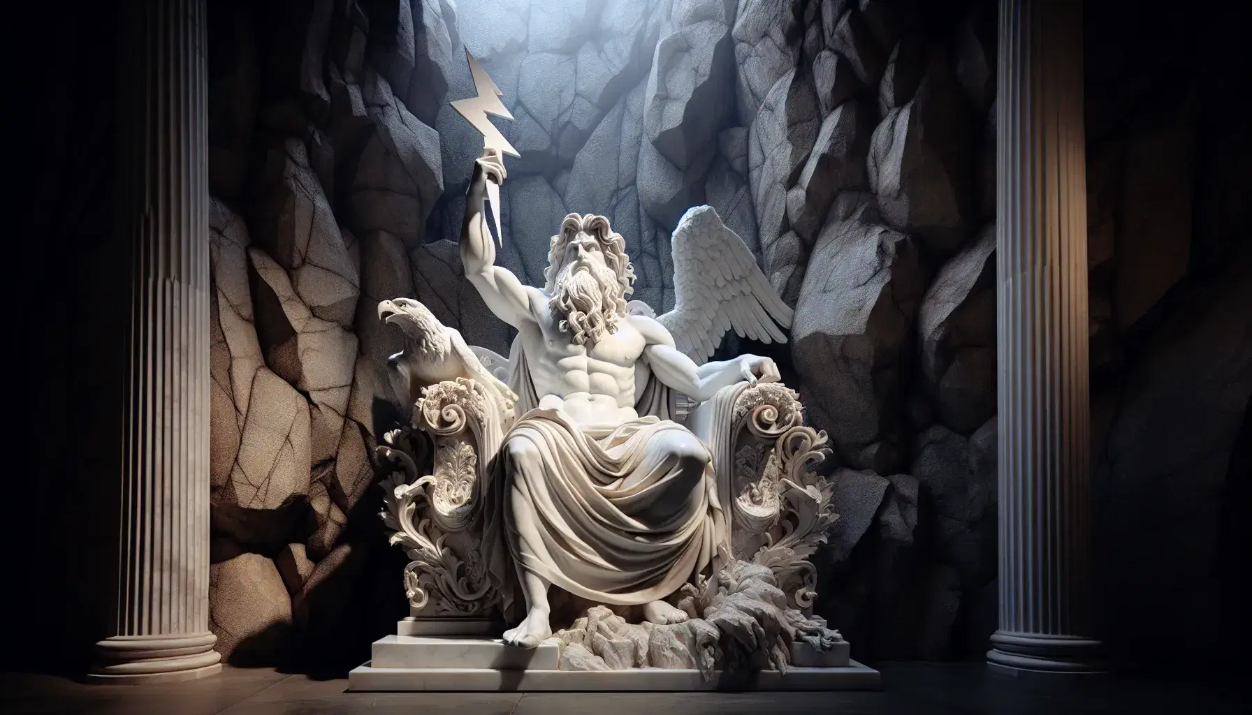 Scultura in marmo di Zeus con barba folta su trono decorato, impugna fulmine e accanto aquila, su sfondo montuoso e cielo azzurro.