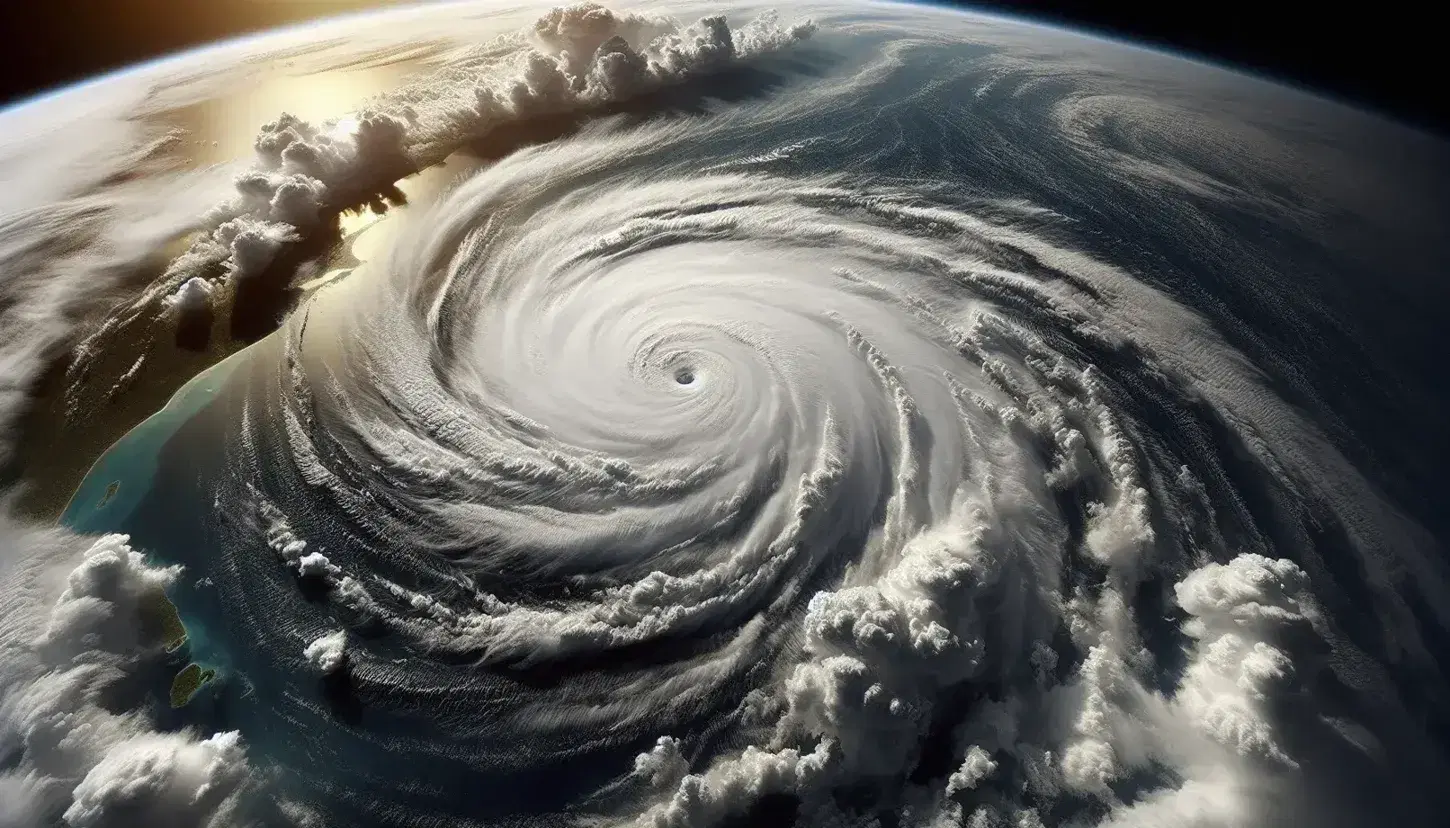 Satellite view of a tropical cyclone with a well-defined eye and spiral cloud bands on a blue-toned ocean background.