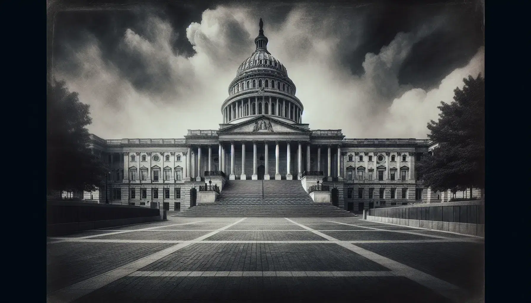 Neoclassical government building with columns and dome under overcast sky, symbolizing authority and history, framed by trees.