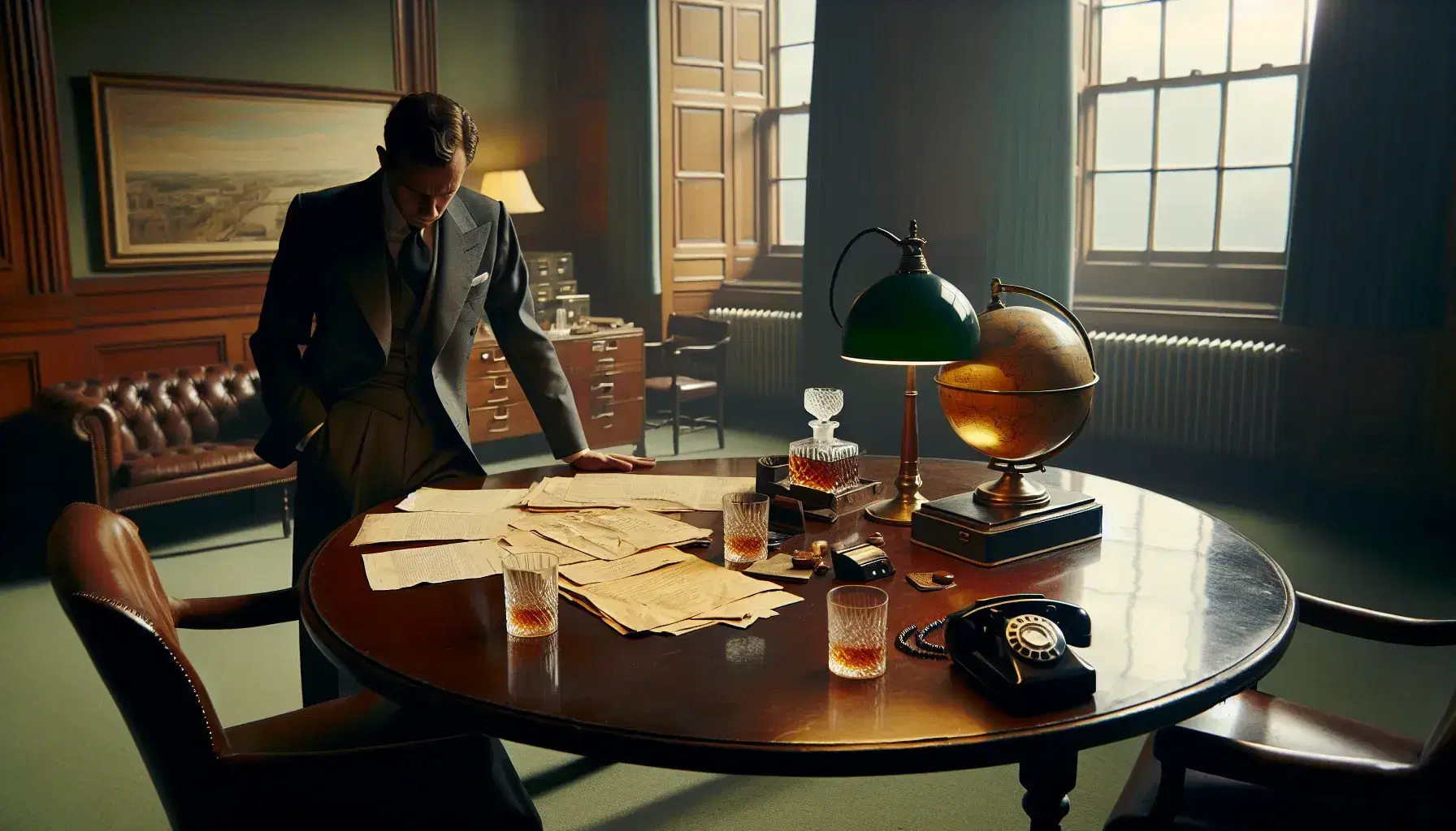 1960s British government office with a man in a grey suit leaning over a mahogany table, vintage documents, rotary phone, and decanter.
