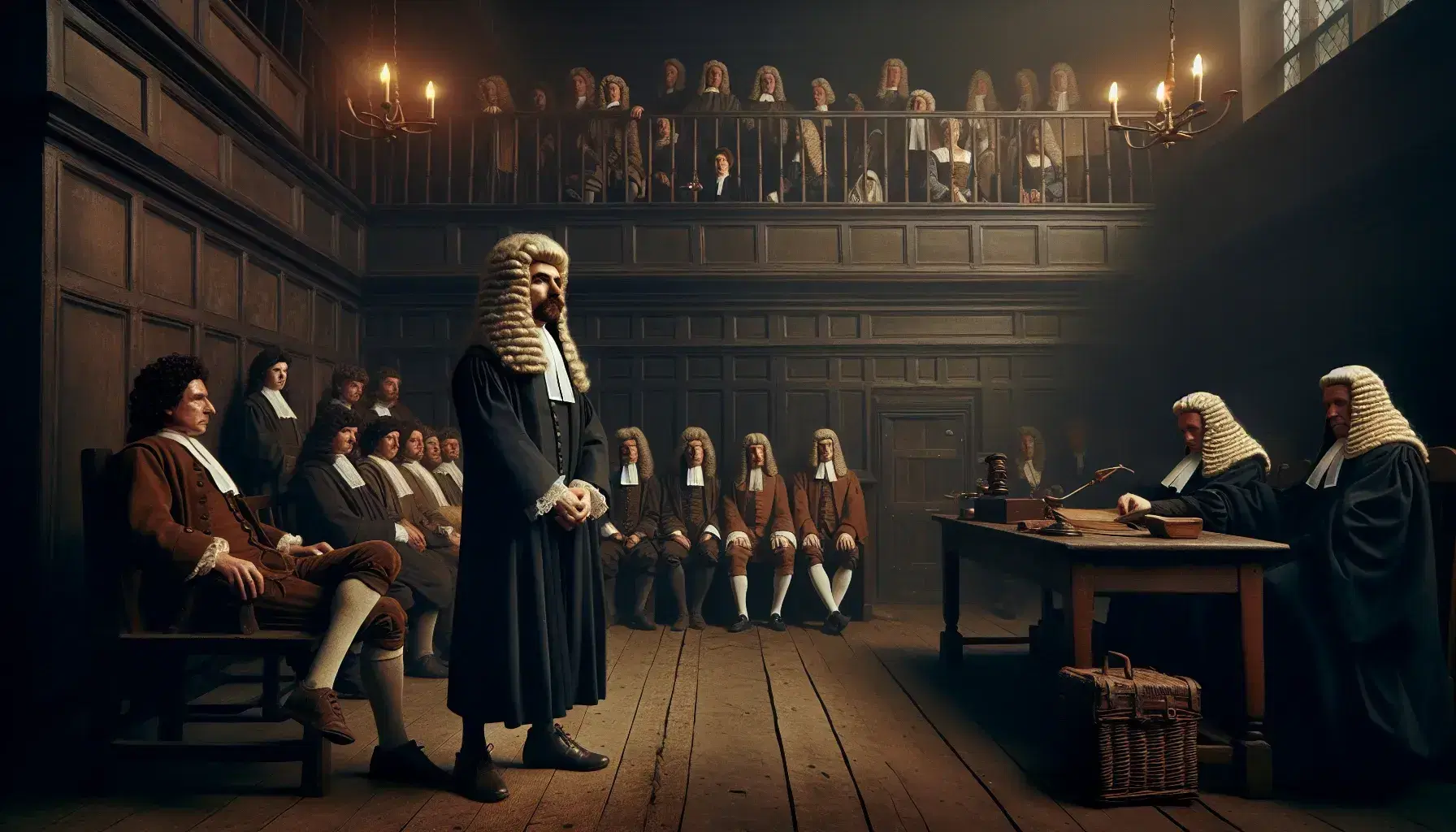17th-century English courtroom with a judge in a wig, a witness taking an oath, and attentive jurors in period attire, under dim lighting.