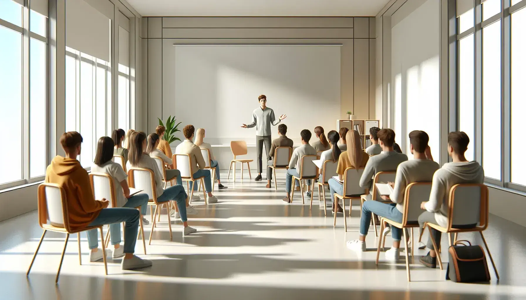 Aula luminosa con estudiantes sentados en semicírculo escuchando a compañero de pie que explica, pizarra vacía al fondo y planta decorativa.