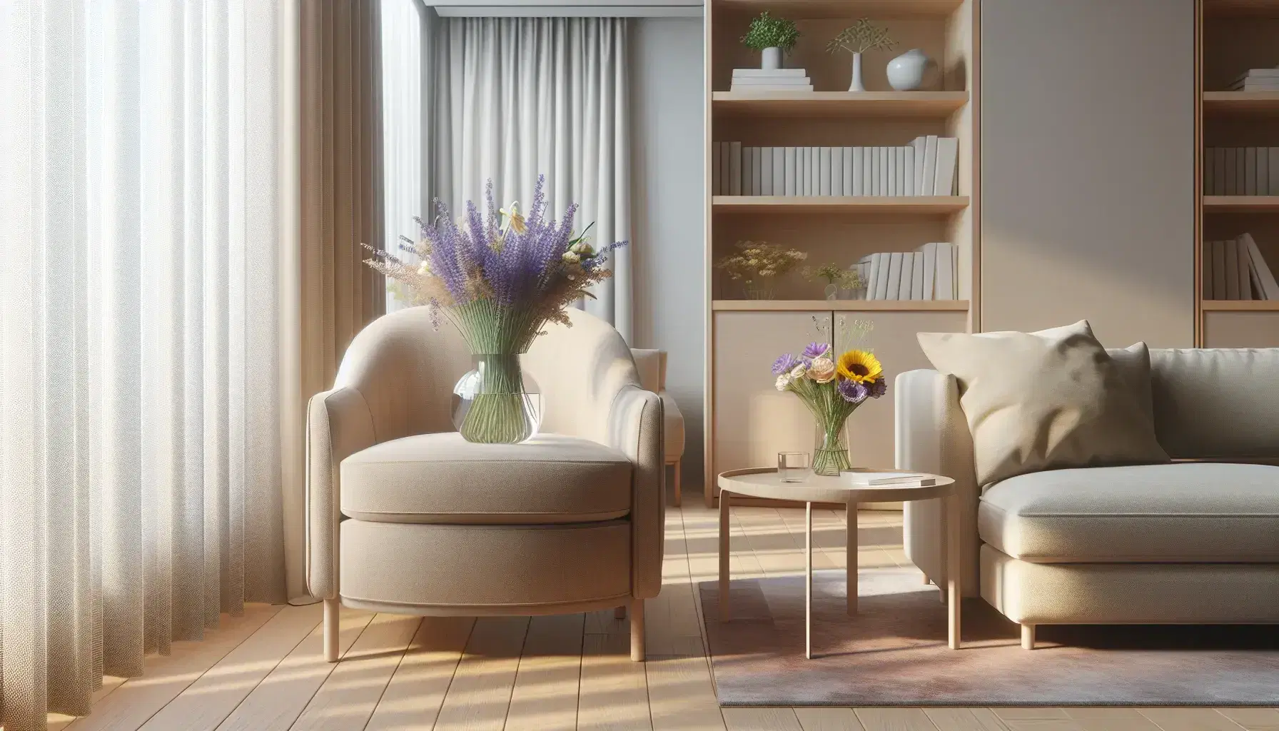 Cozy therapeutic office with beige armchair, sofa, coffee table with vase of colorful flowers, bookcase and green plant, in bright and peaceful environment.