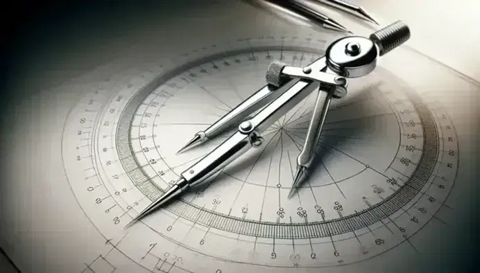 Compasso metallico lucido su foglio bianco con cerchio tracciato al centro e archi casuali, riflessi cromati su banco scolastico sfocato.