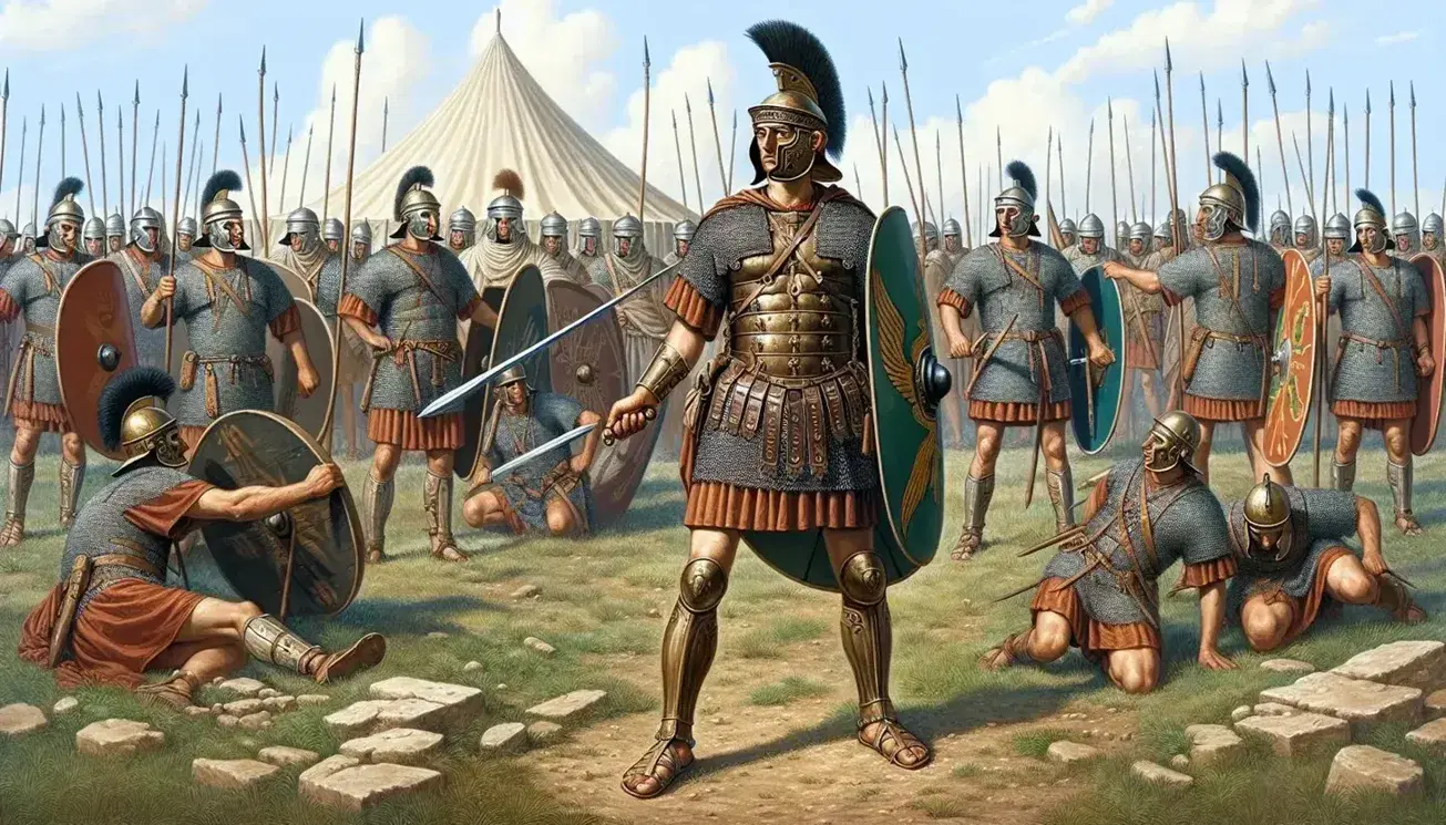 Scena di battaglia antica con soldato romano in armatura e elmo crestato, circondato da guerrieri armati, su terreno erboso con tende militari sullo sfondo.