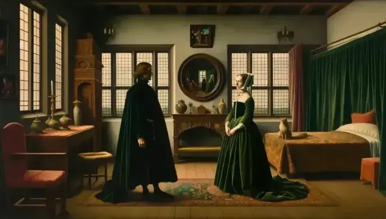 Riproduzione del dipinto 'Il matrimonio Arnolfini' di Jan van Eyck con coppia in abiti storici, cane, specchio convesso e dettagli d'interni ricchi.