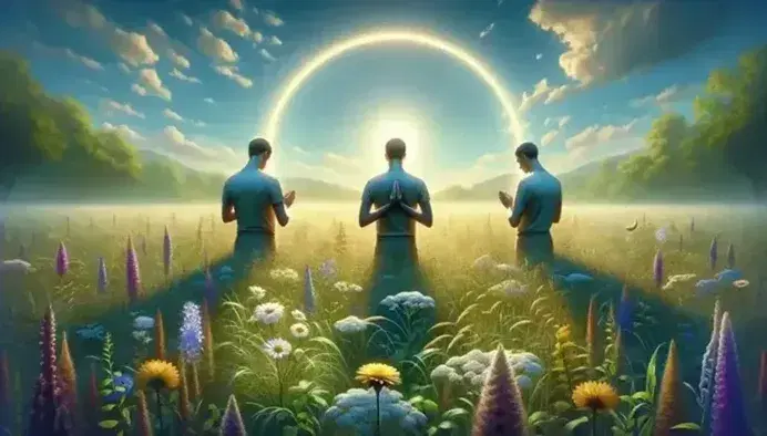 Grupo de tres personas en meditación al aire libre, rodeados de naturaleza y flores silvestres, bajo un cielo azul con nubes dispersas.