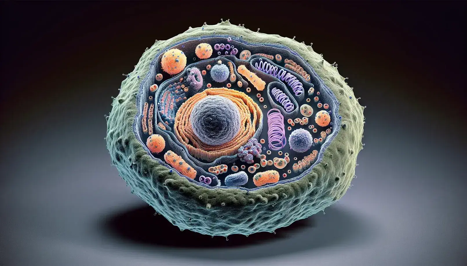 Cellula eucariotica al microscopio ottico con membrana ondulata, nucleo scuro, citoplasma sfumato e organelli come mitocondri e lisosomi evidenziati.
