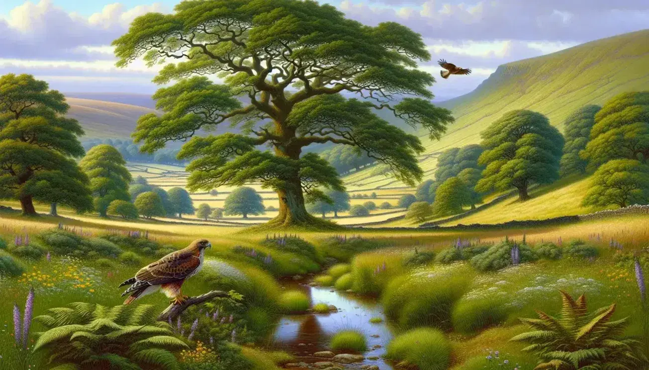 Serene Yorkshire countryside landscape with a lush meadow, wildflowers, a reflective stream, a solitary oak tree with a perched hawk, and rolling hills under a clear sky.