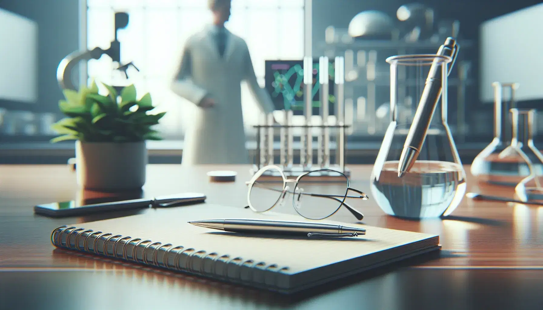 Laboratory scene with a notebook, pen, eyeglasses, and beaker on a table, and a scientist analyzing graphs on a computer in the background.
