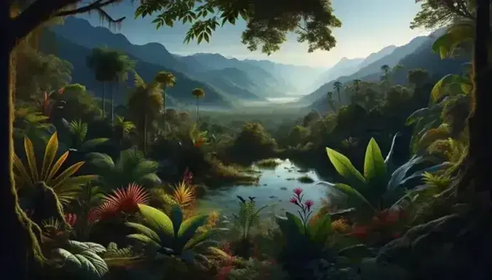 Paisaje natural en área protegida de Colombia con plantas tropicales, flores coloridas, un estanque reflejando la vegetación y montañas neblinosas bajo un cielo azul.