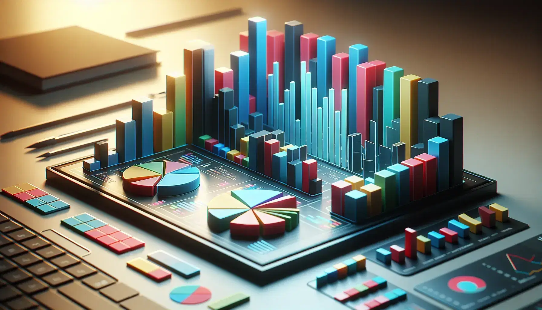 Gráficos de barras y sectores en pantalla de portátil reflejando análisis de datos, con fondo desenfocado de objetos de oficina.