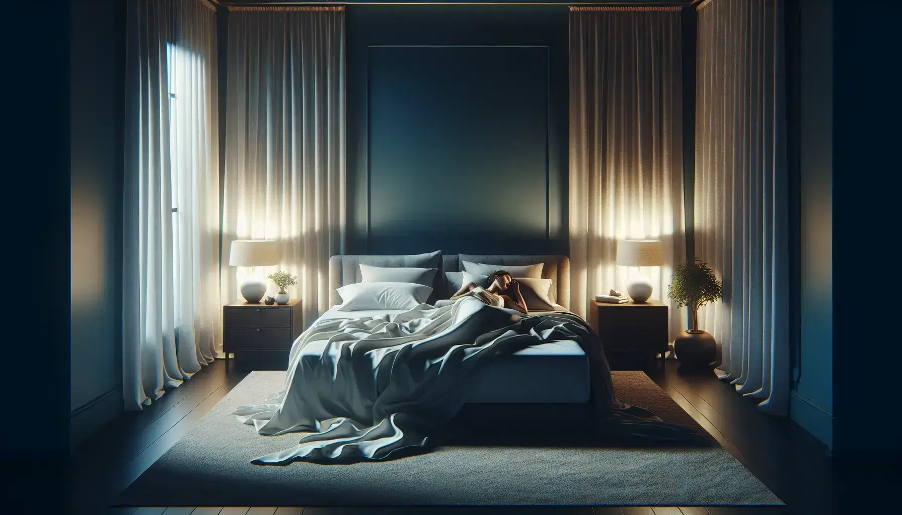 Serene night bedroom with large bed, white blanket, wooden bedside tables, lit lamps, white curtains, green plant and beige floor.