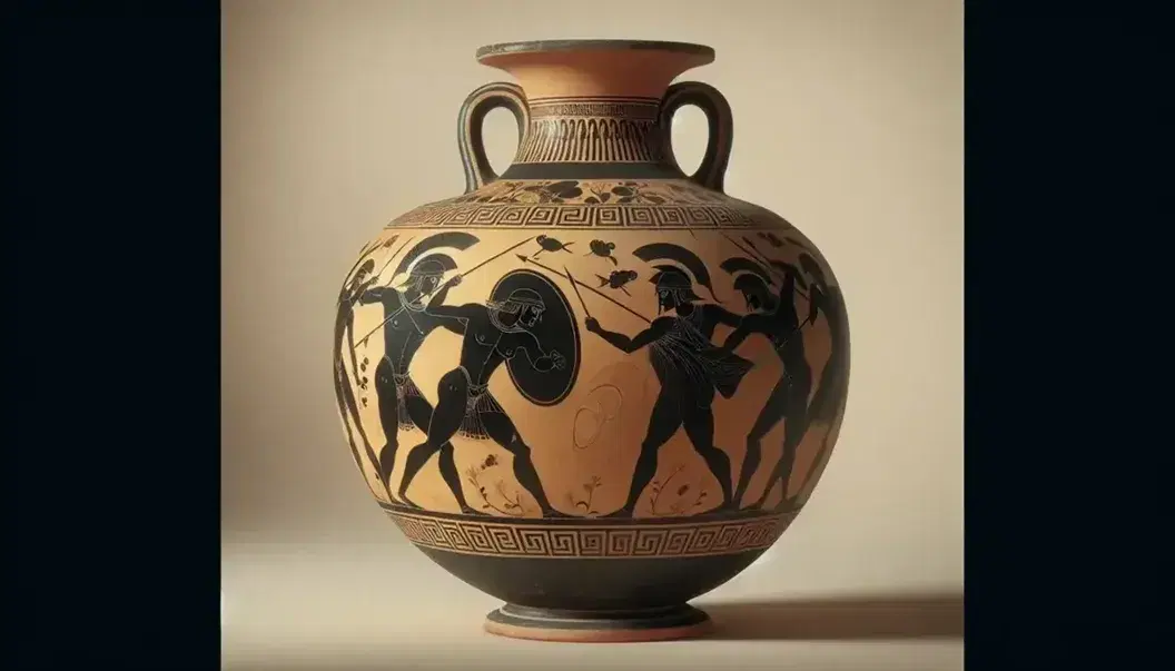 Classical Greek amphora with black-figure painting depicting Trojan warriors in combat, engraved details and decorative motifs.