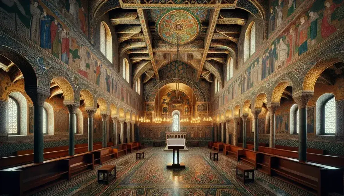 Interno della Cappella Palatina con soffitto ligneo dipinto, mosaici dorati sulle pareti e lampade pendenti, in stile Arabo-Normanno.