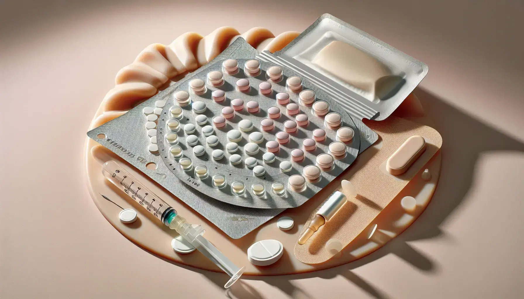 Pack de píldoras anticonceptivas con pastillas de distintos colores, parche anticonceptivo en piel sintética y jeringa con inyección anticonceptiva sobre fondo pastel.