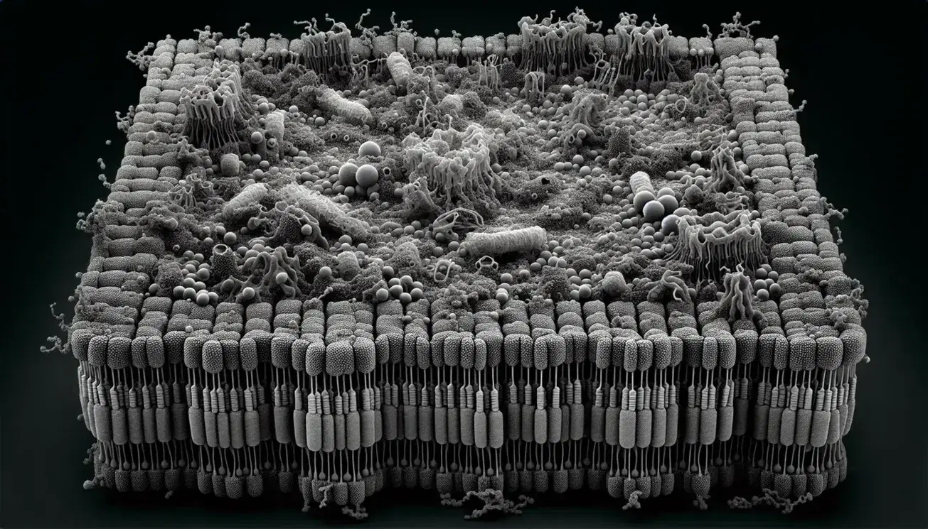 Vista microscópica de membrana celular mostrando bicapa lipídica con cabezas hidrofílicas y colas hidrofóbicas, proteínas incrustadas y canales iónicos.