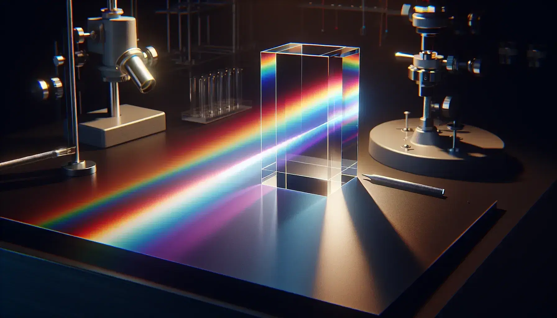 Glass prism on a table dispersing white light into a colorful spectrum on a screen, with blurred laboratory equipment in the background.