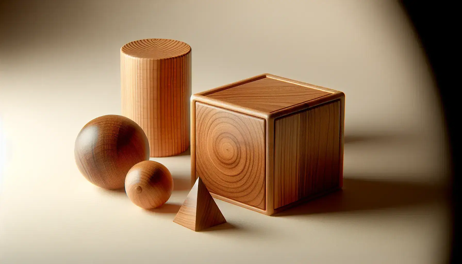 Conjunto de figuras geométricas de madera en 3D sobre superficie clara, incluyendo un cubo, esfera, cilindro, cono y pirámide, con sombras suaves.